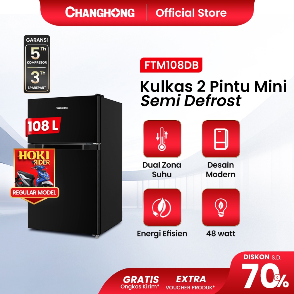New Changhong Kulkas 2 pintu Mini (Refrigerator) Lemari Es Kapasitas 108 Liter – Black FTM108DB (Sem