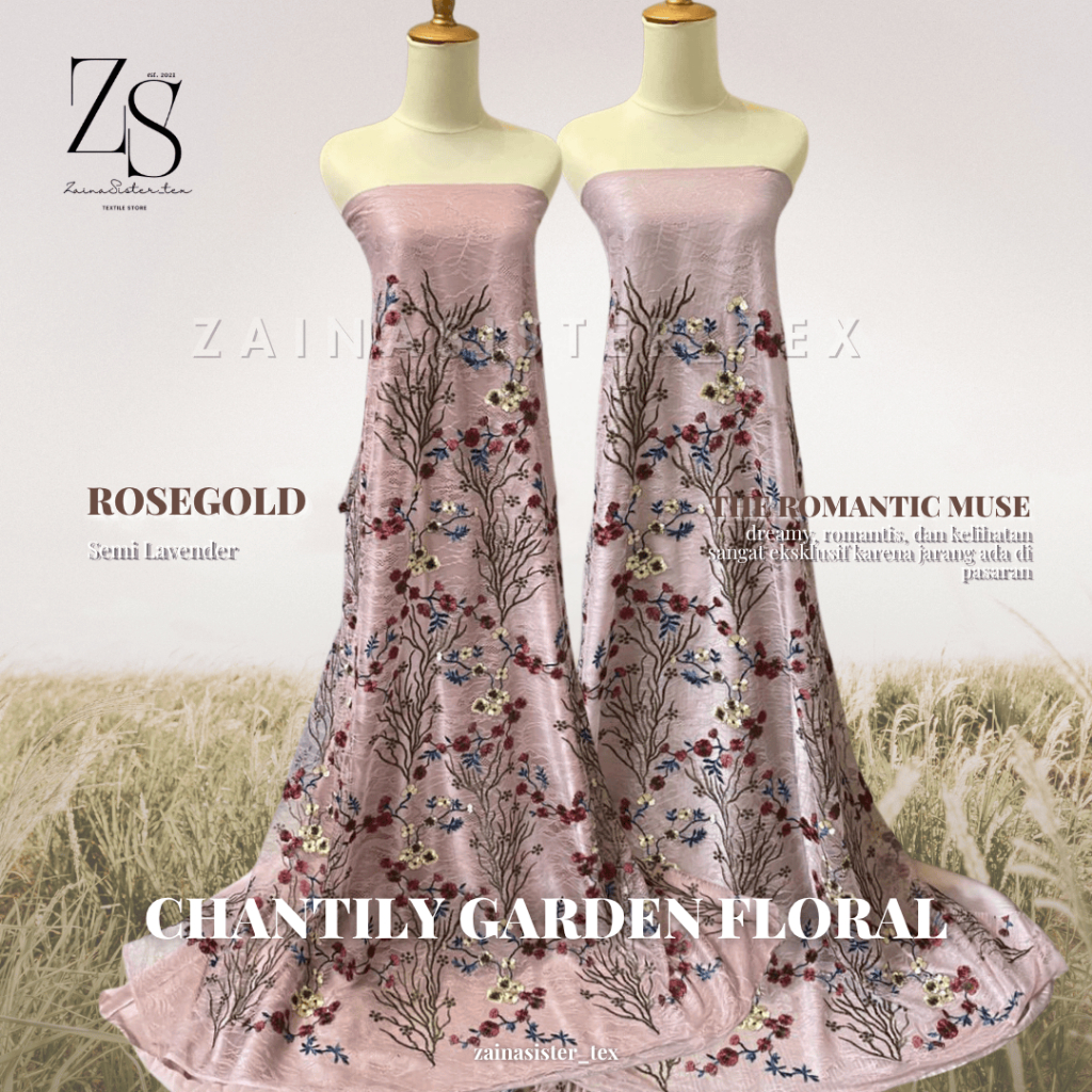 Bahan Kain Kebaya Mewah Brokat Brukat CHANTILY LACE BORDIR Motif Bunga Garden Floral Warna Rosegold 