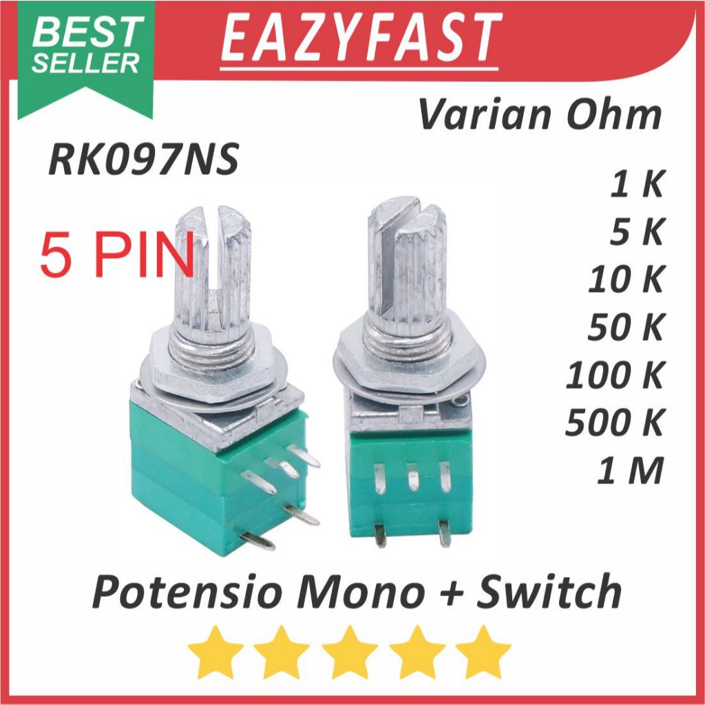 Potensiometer Saklar Audio Sealed Hijau 5P 5 P Pin Kaki 1K 5K 10K 50K 100K 500K 1M 1 5 10 50 100 500