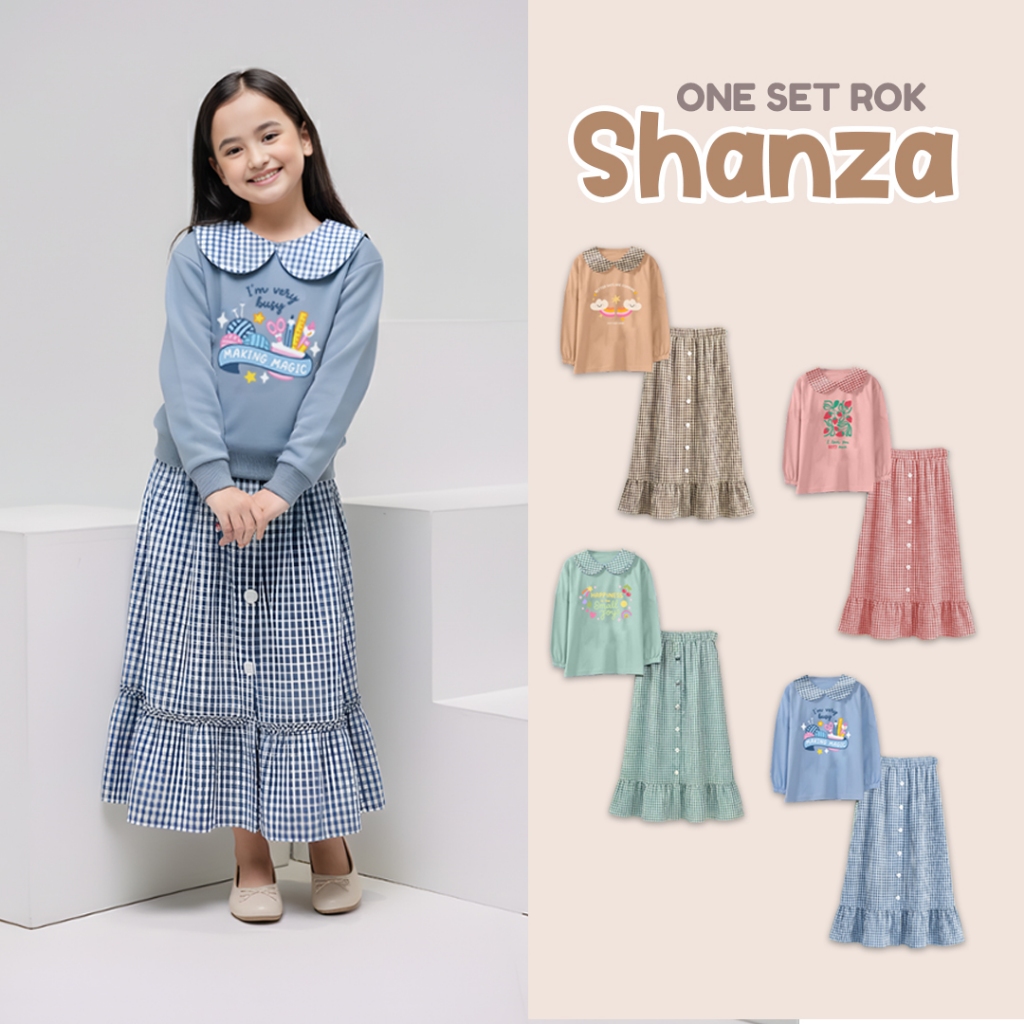 One Set Rok Anak Perempuan Shanza Baju Korea Anak Perempuan Setelan Rok Vintage Anak Lucu Kotak Kota