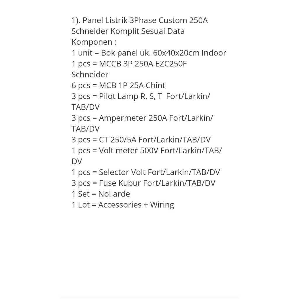 Panel Listrik 3Phase custom 250A + mcb 1p 25a = 6pcs komplit komponen