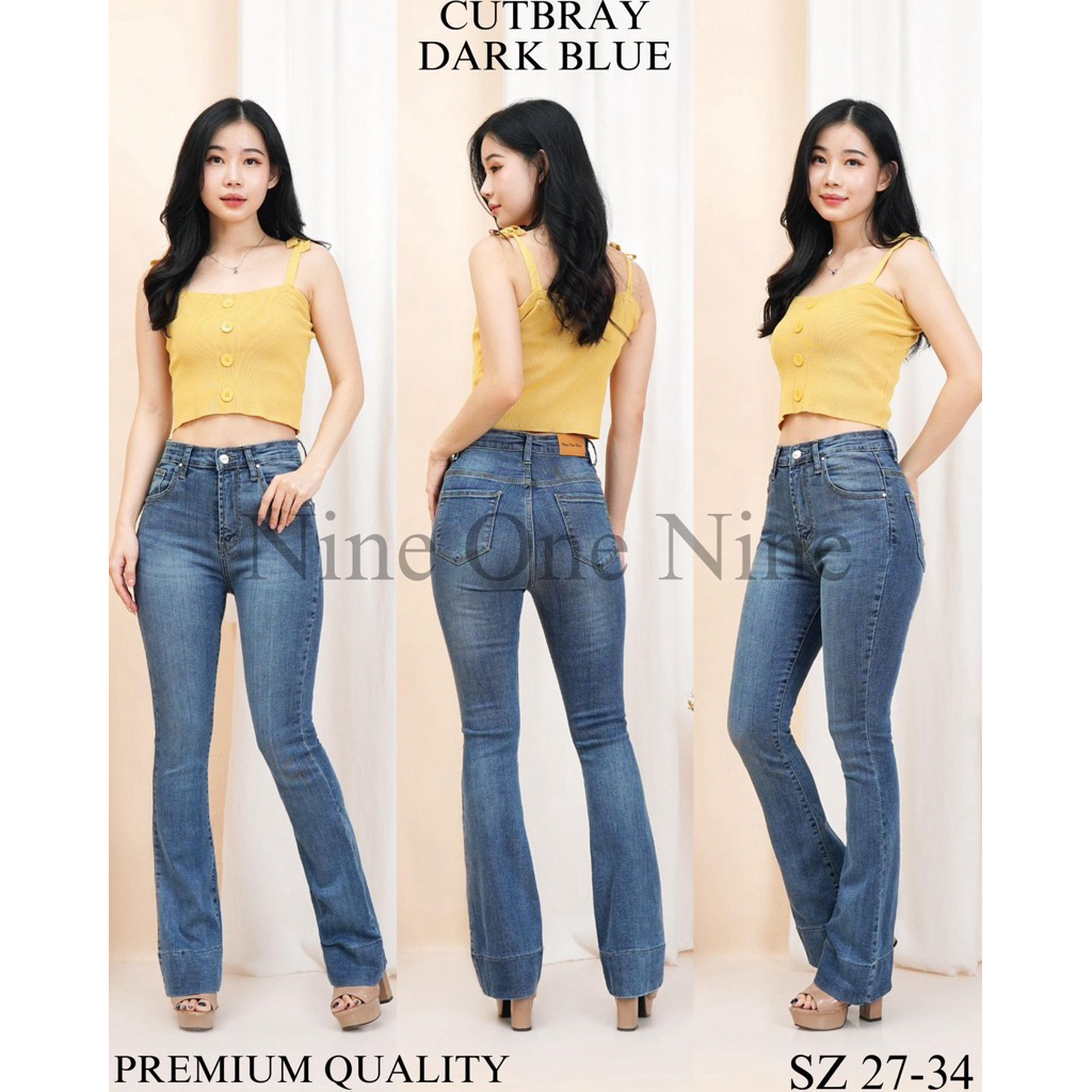 Celana Cutbray Hw Dark Blue bahan Jeans Melar Nine One Jeans