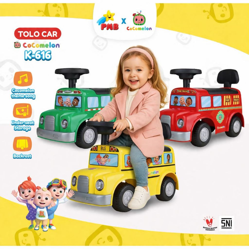 Mainan Mobil Dorong Anak K-616 Bus Cocomelon, Truk Sampah, Mobil Damkar Warna Kuning Hijau Merah