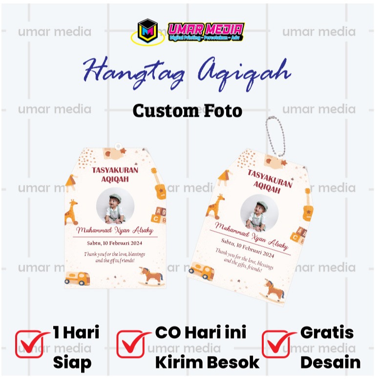 Hangtag Aqiqah Custom Foto – Tag Souvenir Aqiqah Bayi | Gratis Desain & Cetak Cepat