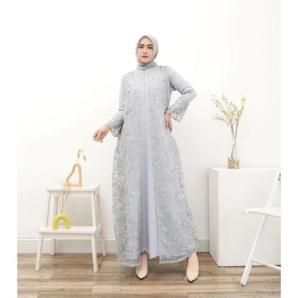 HENA GAMIS BRUKAT GAMIS PESTA SATIN MIX BROKAT TILE MUTIARA
