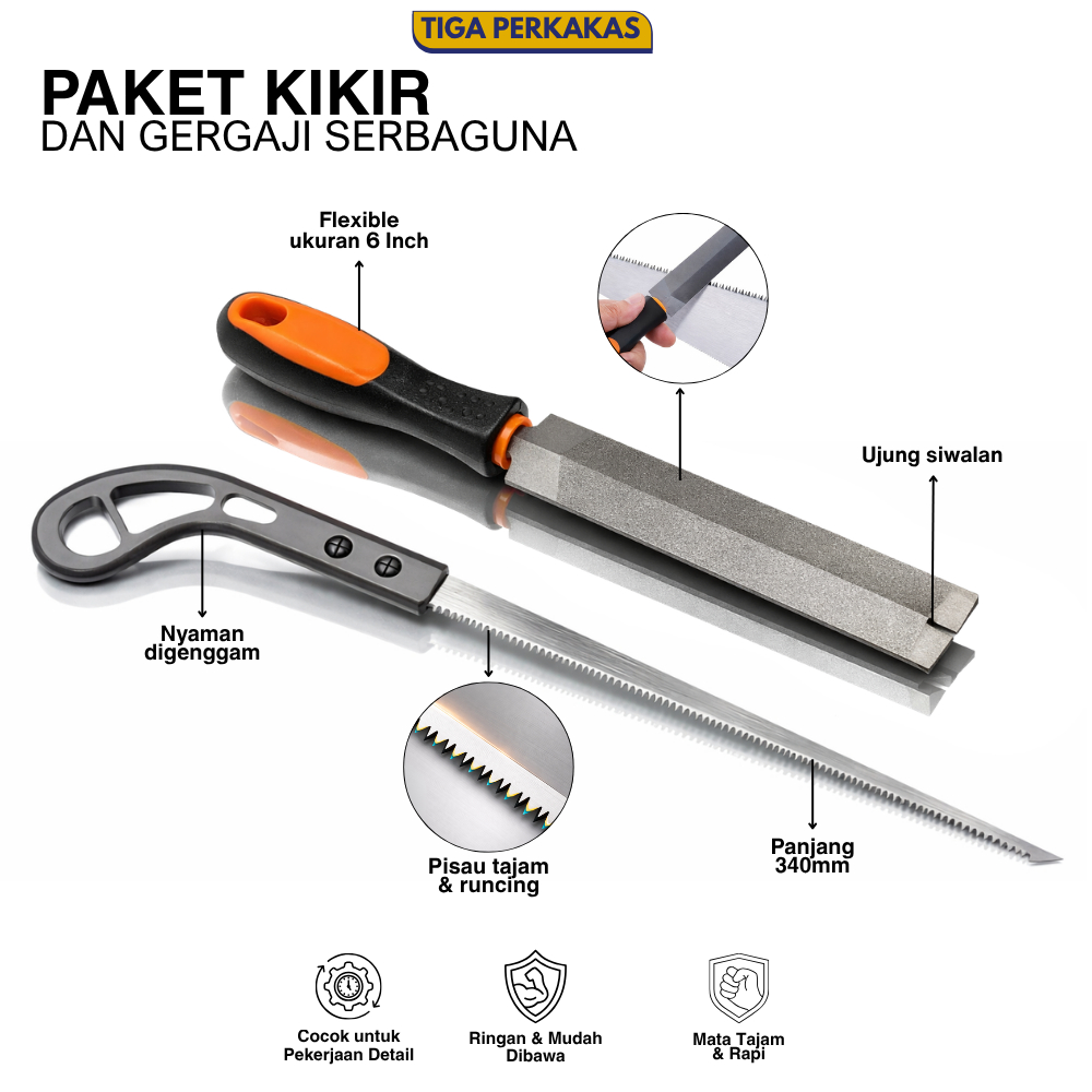 PAKET KOMBO HEMAT – Kikir Baja Kayu 6 Inch + Gratis Gergaji Kayu Mini | Gergaji Tangan Sederhana Man