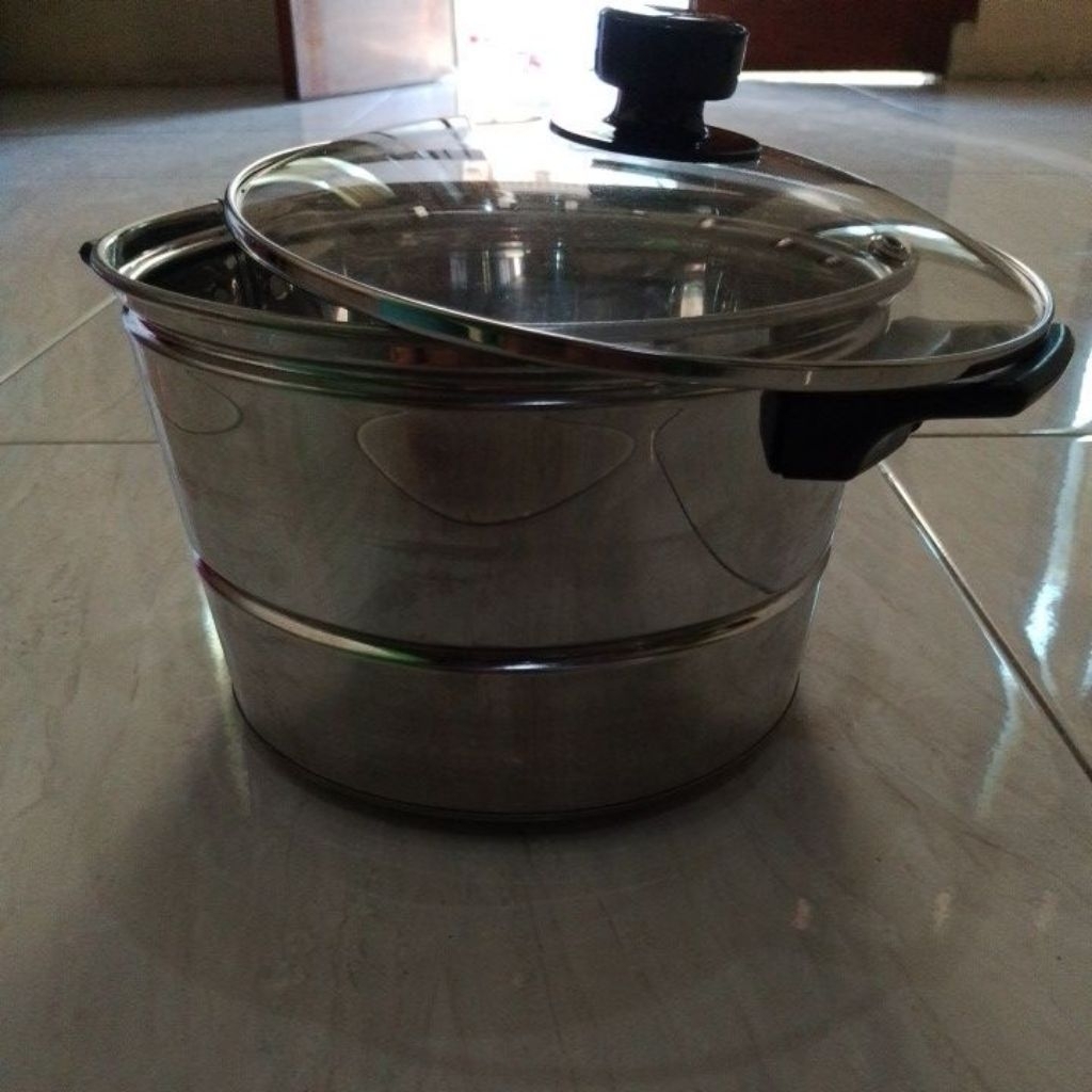 Panci Kukus Mini Stainless Steel 16cm Tutup Kaca Anti Panas