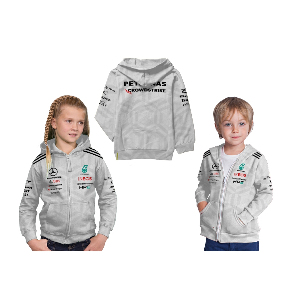 Jaket Hoodie Zipper Anak F1 Mercedes AMG 2026 Hitam Putih Custom Full Printing