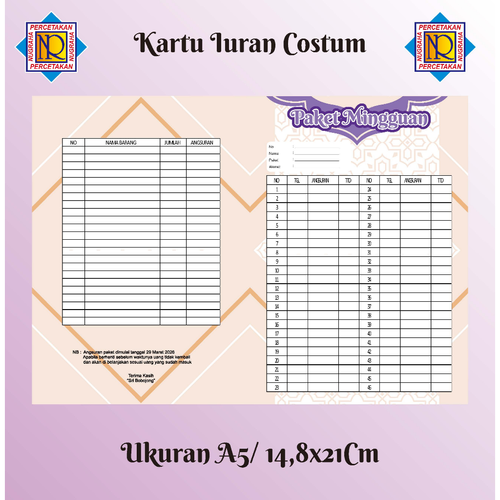 Kartu Iuran Premium Costum Full Warna Ukuran A5 2 Sisi