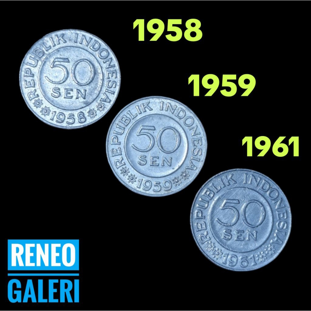VF Paket tahun lengkap 50 sen Indonesia Garuda set uang koin Kuno logam 1958 1959 1961 asli original