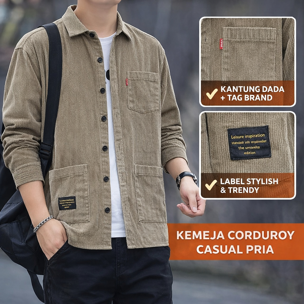 Jaket casual  semi parka corduroy Jacket outer pria keren kemeja  korduroy polos khaki
