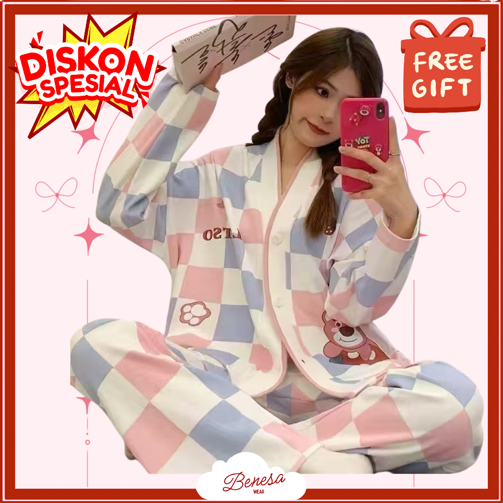 Benesa Wear - Baju Tidur Celana Panjang - Lengan Panjang Setelan Piyama Wanita Set Pakaian Santai Mo