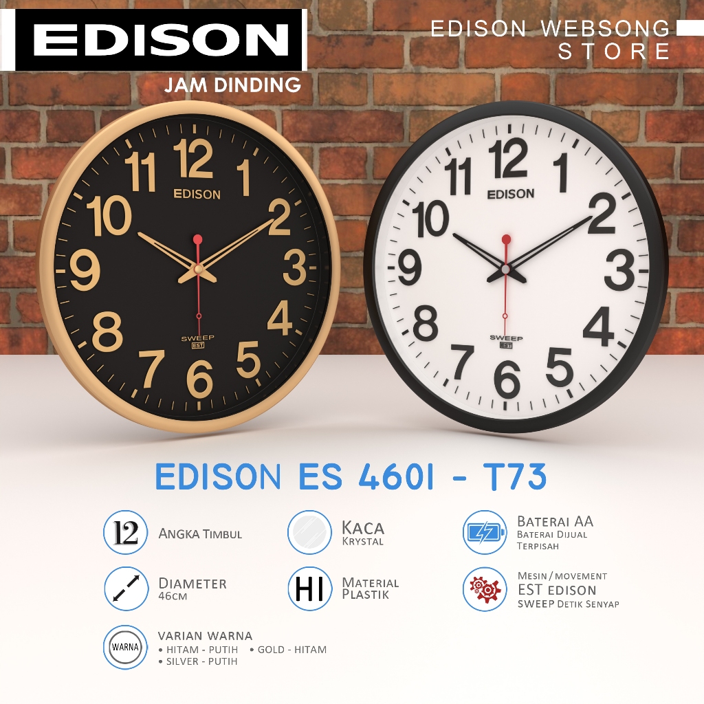 Jam Dinding Edison EST 4601 T73 Chrome Timbul Diameter 460mm 46cm