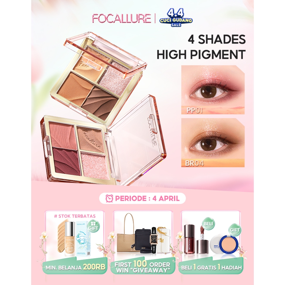 FOCALLURE Shimmer Eyeshadow Palette 4 Shades High Pigment #AmberGold