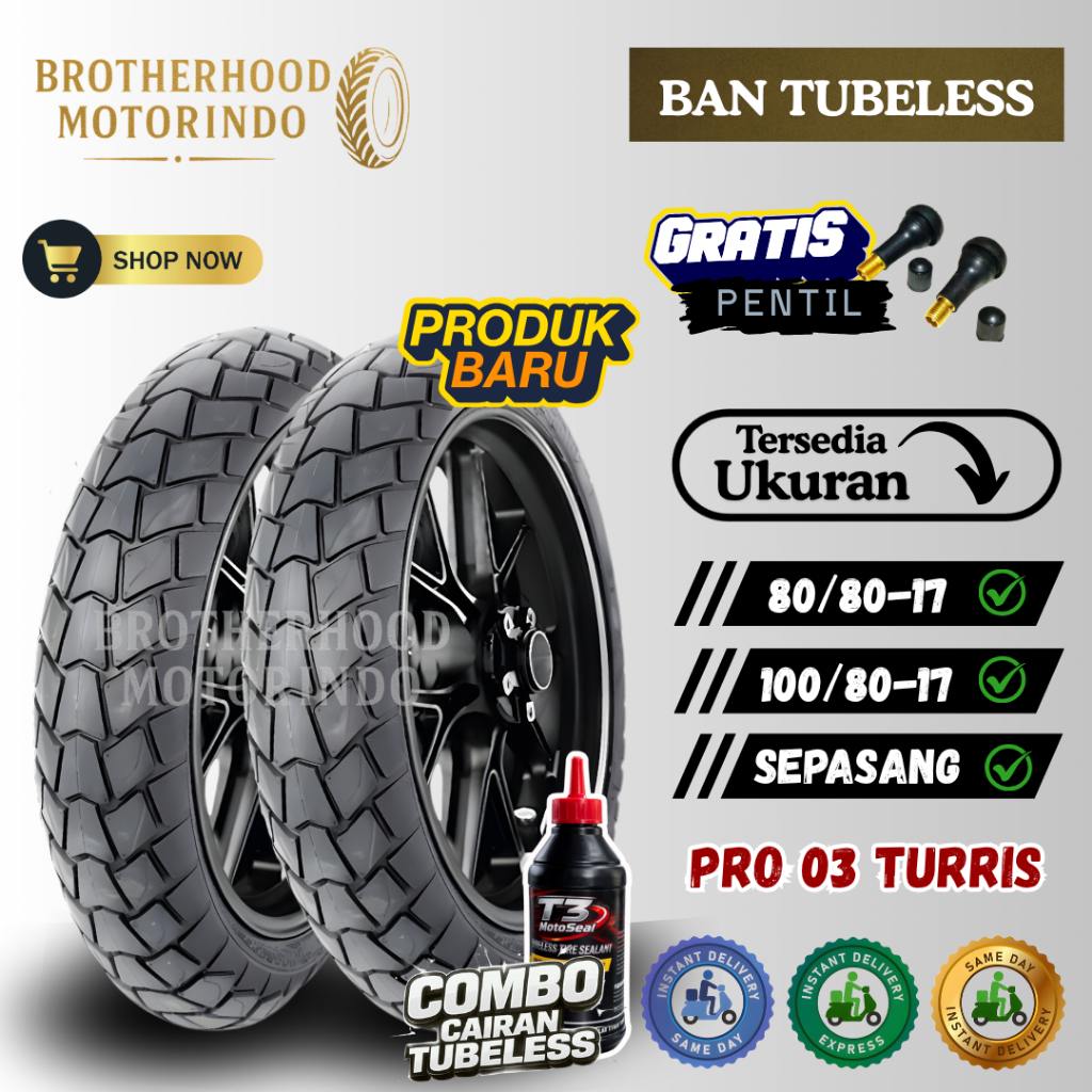 (PAKET SEPASANG) BAN ASCENDO PRO03 TURRIS RING 17 TUBLES ( 80/80-17 / 100/80-17 ) BAN TUBELESS / BAN