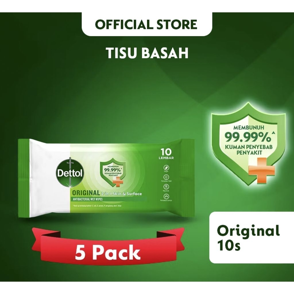 tisu basah Dettol 5 Pack - travel pack - isi 10s/pack
