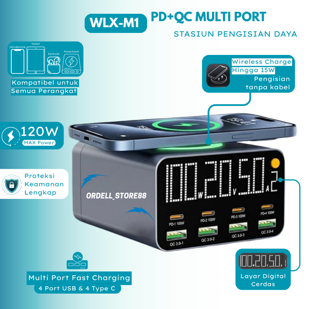 WLX-M1 Multi Port 120W Fast Charger 8 Port USB Type C Smart Desktop Charging Station With LCD Displa