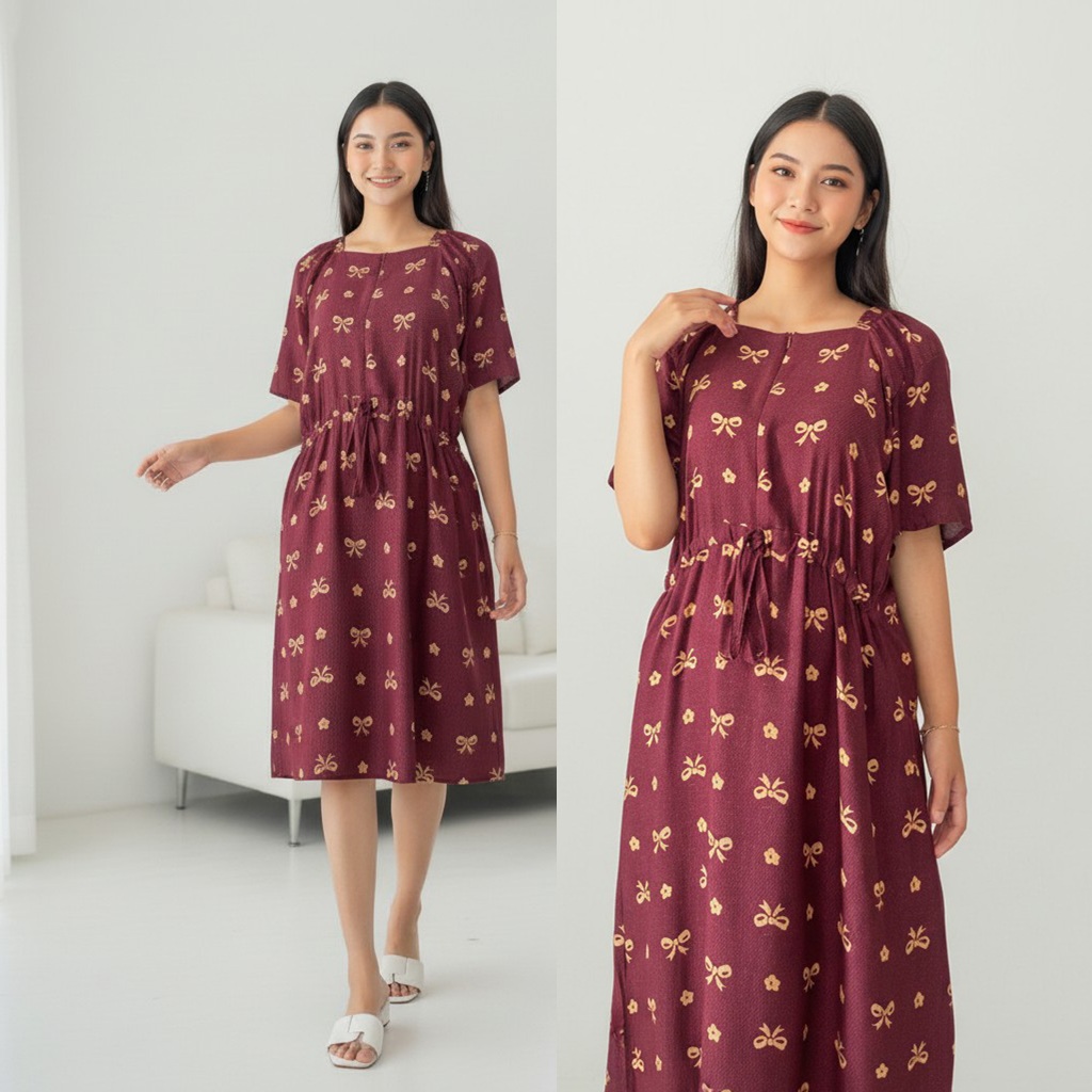 Daster Dress Kerut Pinggang Rayon Kekinian Motif Terbaru Premium Tali Bando - Misty by Biansa Style