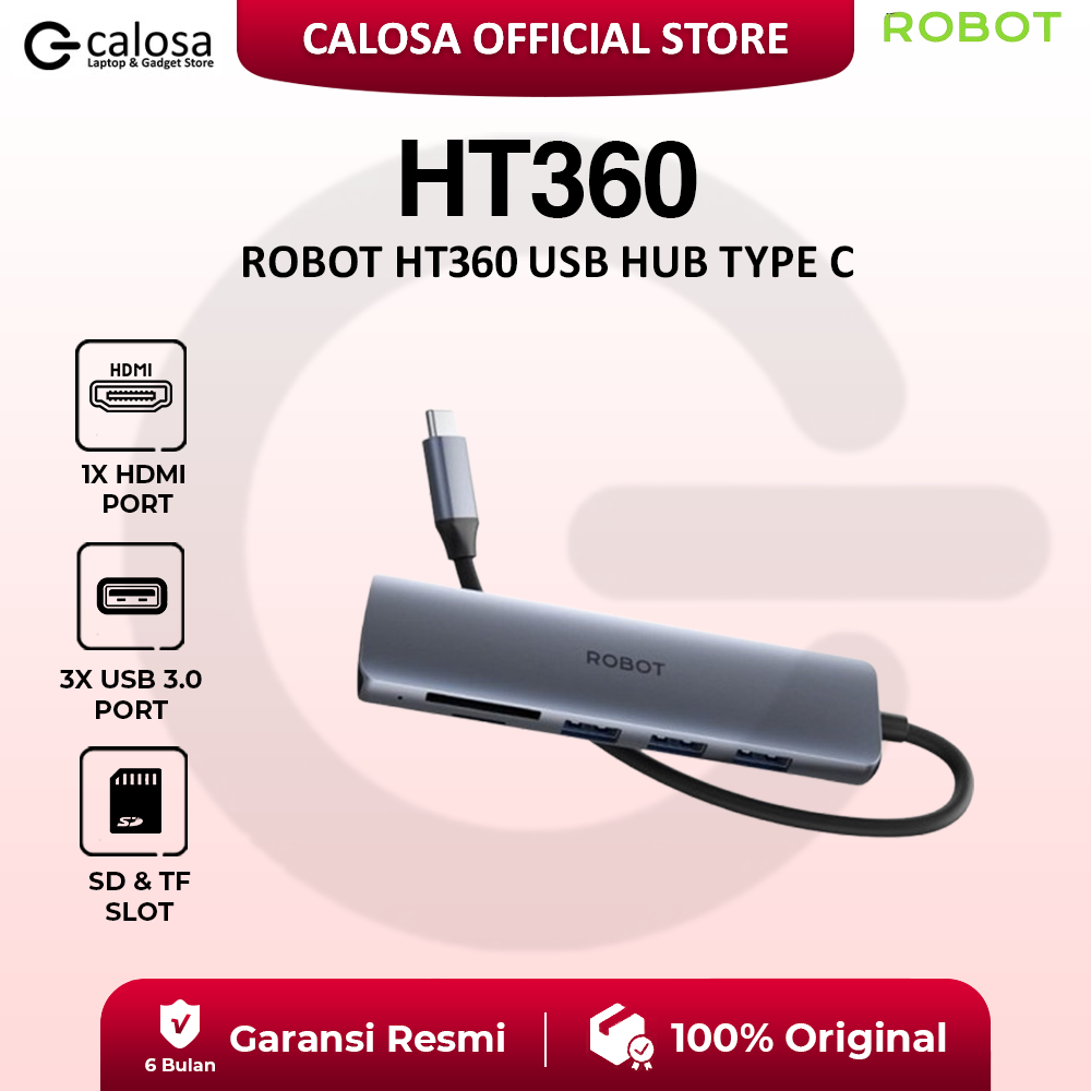 ROBOT Kabel HUB USB HT360 USB Type-C 6 in 1 Adapter With HDMI 4K, 3 Port USB 3.0 Cepat