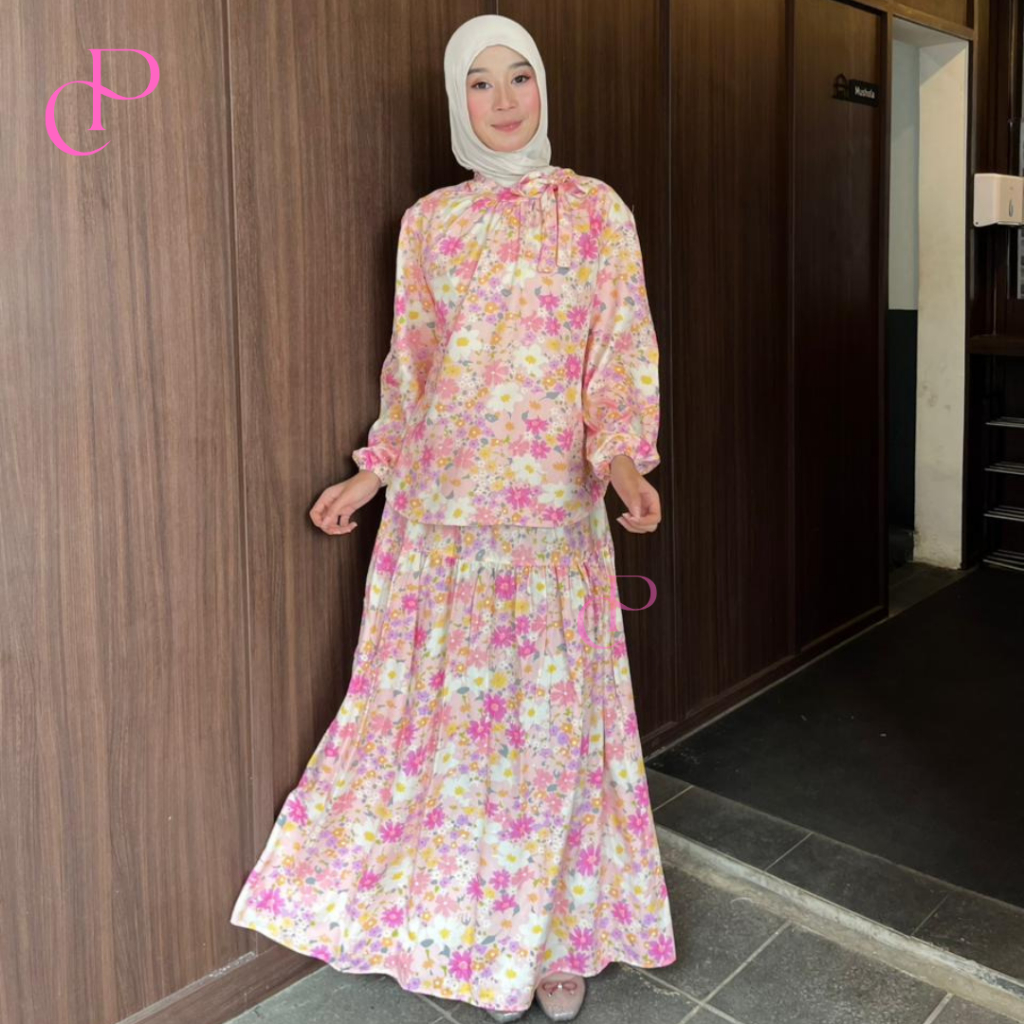 CLASICPUTRI One Set Rok Panjang Wanita Motif Bunga / Setelan Muslimah Floral / Atasan Lengan Panjang
