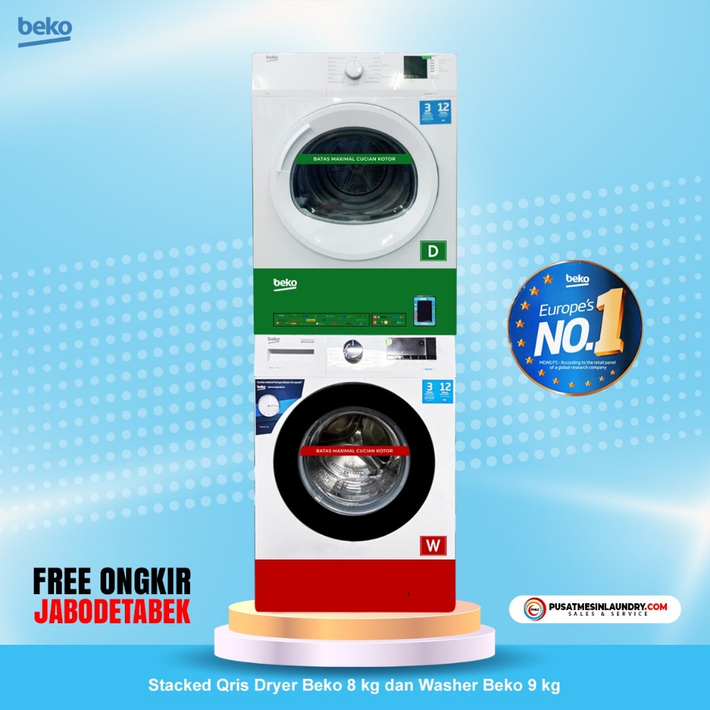 Beko Set Stack QRIS Mesin Cuci 9kg 1200RPM & Mesin Pengering 8kg Konversi Gas BB9