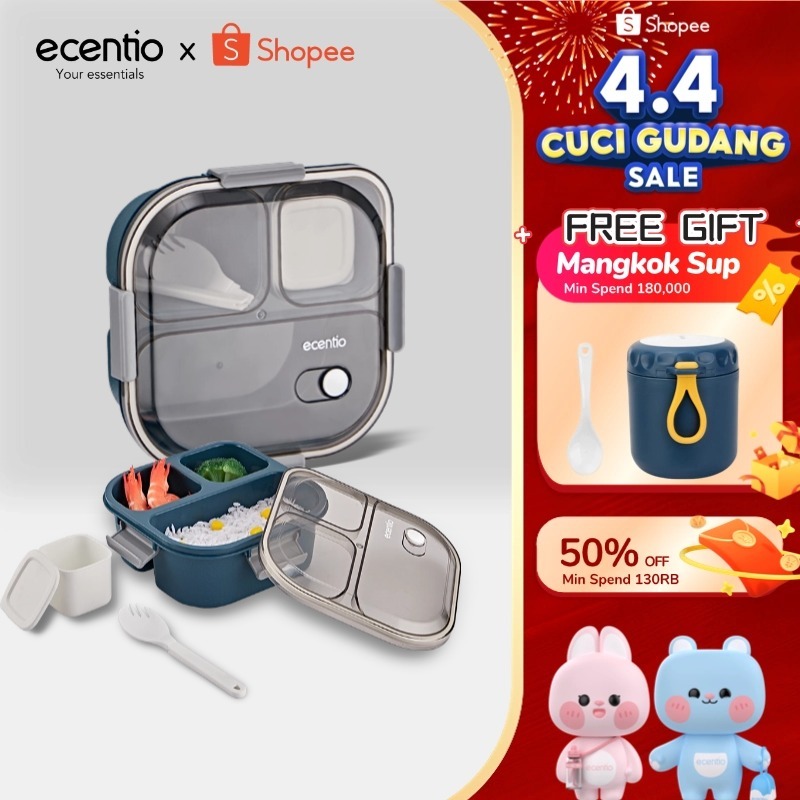 ecentio kotak makan anti tumpah lunch box 3 grid 1100ml tempat makan kotak sup 100ml Free Sendok lun