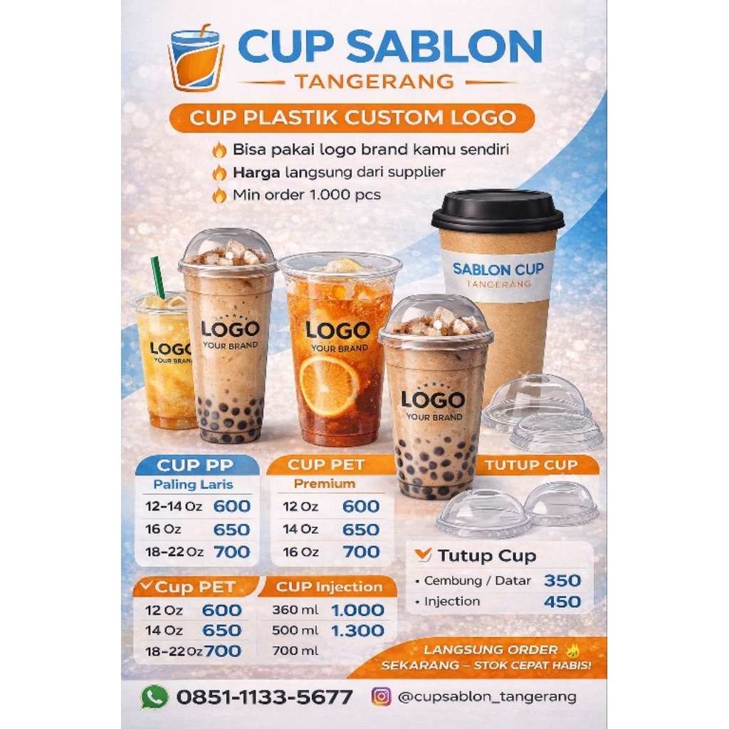 Cup Plastik Sablon Custom Logo Murah 12 14 16 22 Oz | Cup PP PET Injection Minuman Kekinian + Tutup