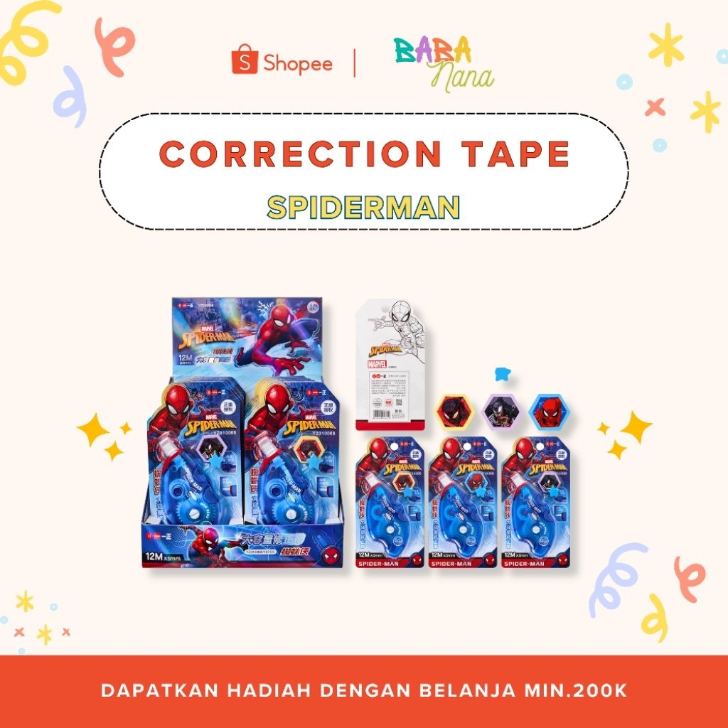 BabaNana Correction Tape Tipeks Kertas Karakter Sp*derman Berlisensi ATK-SPD-CT01