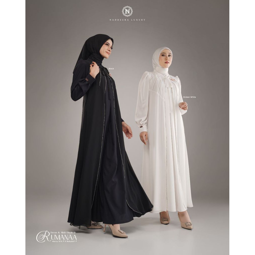 RUMANAA STYLE 1 DRESS & MIDI SERIES TERBARU NADHEERA LUXURY•GAMIS UMROH HAJI PUTIH HITAM•BISA COD