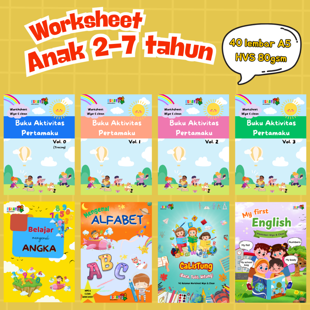 LEMBAR KERJA WORKSHEET ANAK 2-7 TAHUN - isi 40 lembar Kerja anak paud,tk,sd, balita, FILE CETAK SIAP