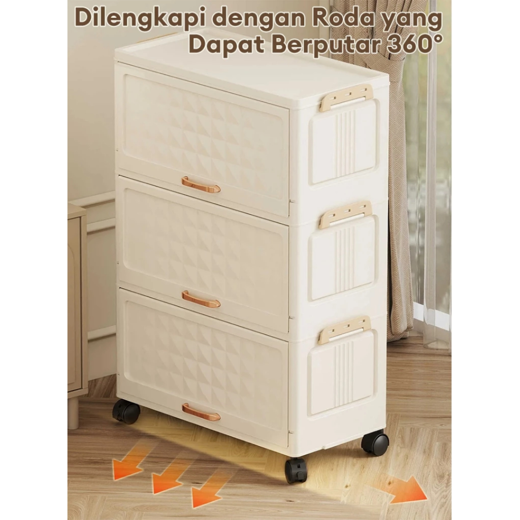 Rak Kabinet Lipat 3 Susun 40cm Transparan Lemari Plastik Serbaguna Dengan Roda Rak Penyimpanan Minim