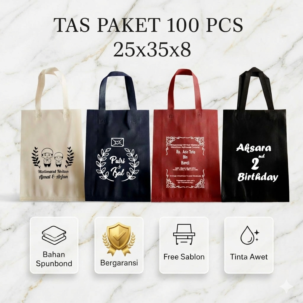 100 pcs Tas Custom Souvenir Pernikahan Khitan Sablon Promosi Bimbel Sekolah GRATIS SABLON