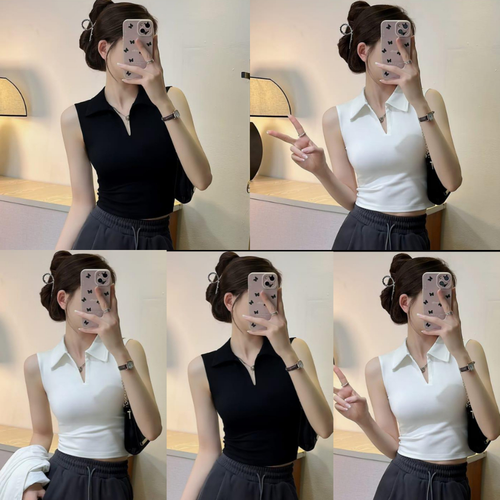 harvest - Tanktop Halter Crop Wanita Rossi Kerah Korean Style Kekinian V Neck Knit Rib