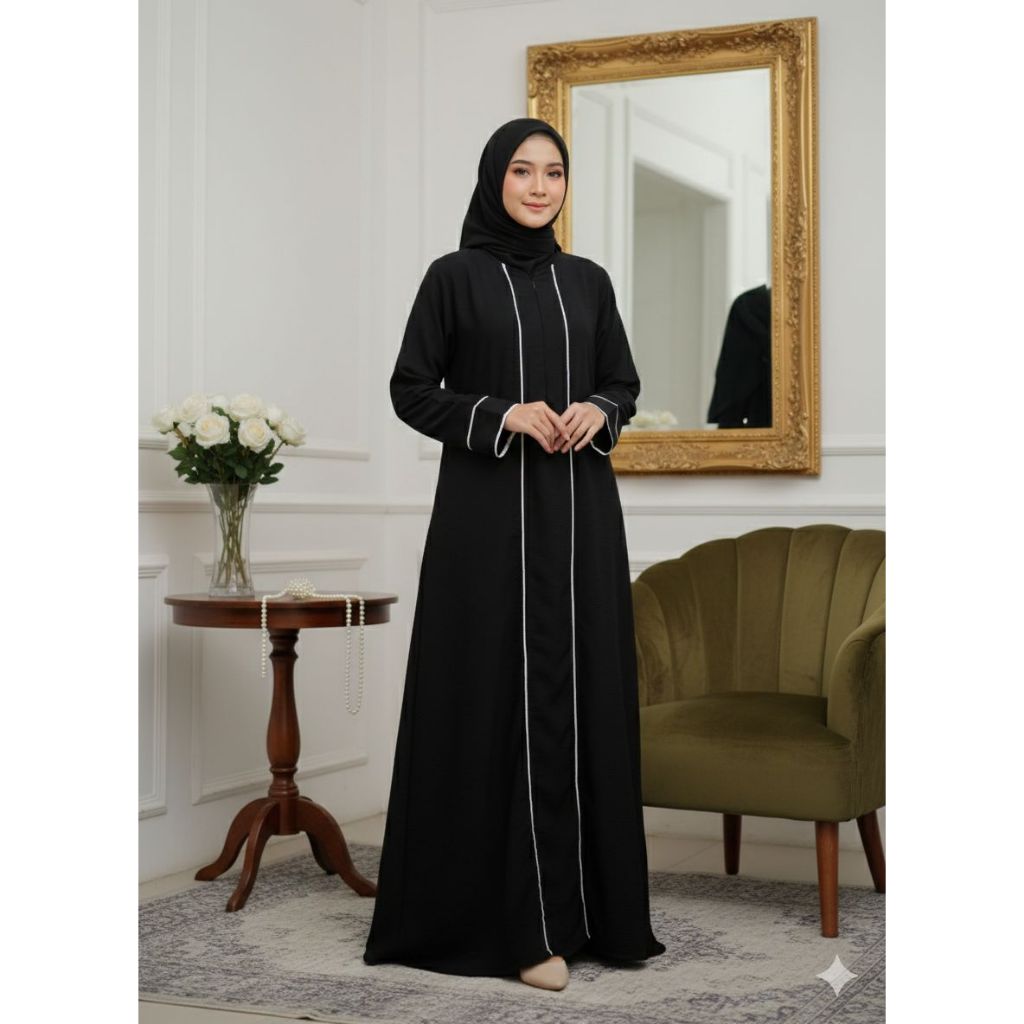 Abaya Hitam List Putih Gamis Arab Wolfis Busui Friendly Premium