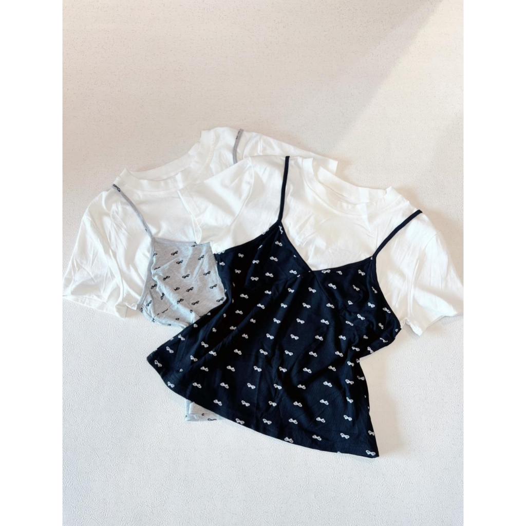 (COD) GBMJ BUTIK Kiandra - Atasan Wanita 2-in-1 Kaos Lengan Pendek & Tank Top Tali Pita Kecil Korean