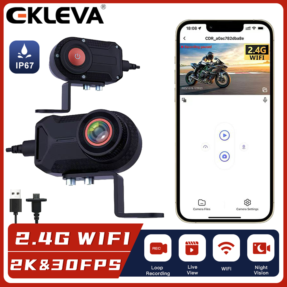 EKLEVA 2K 30fps Dash Cam DVR Sepeda Motor Kamera Helm Anti Air WiFi Perekaman Berulang Night Vision 