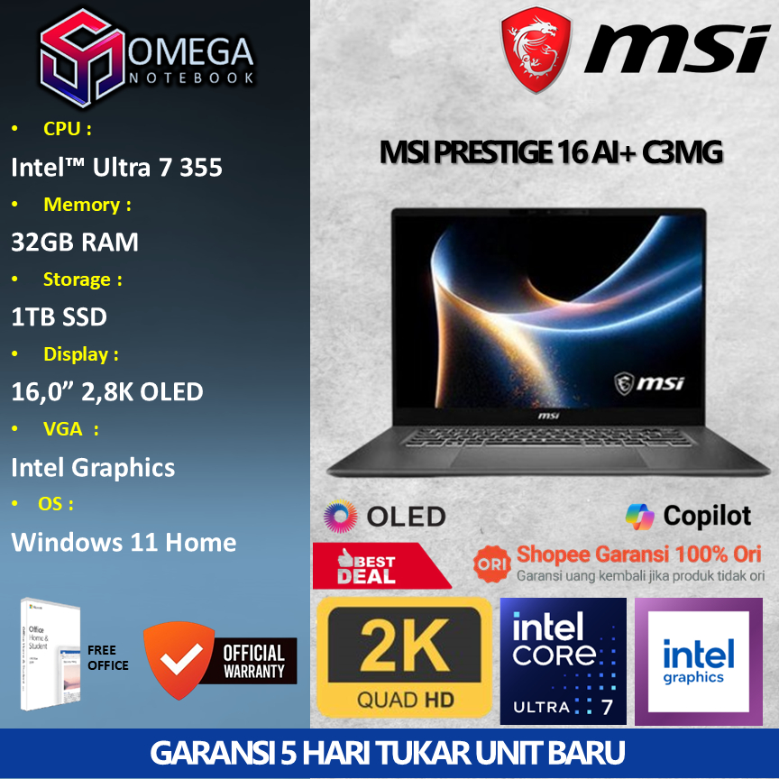 MSI Prestige 16 Ai+ C3MG Ultra 7 355 32GB 1TB 16,0 2,8K OLED Windows 11 + Office