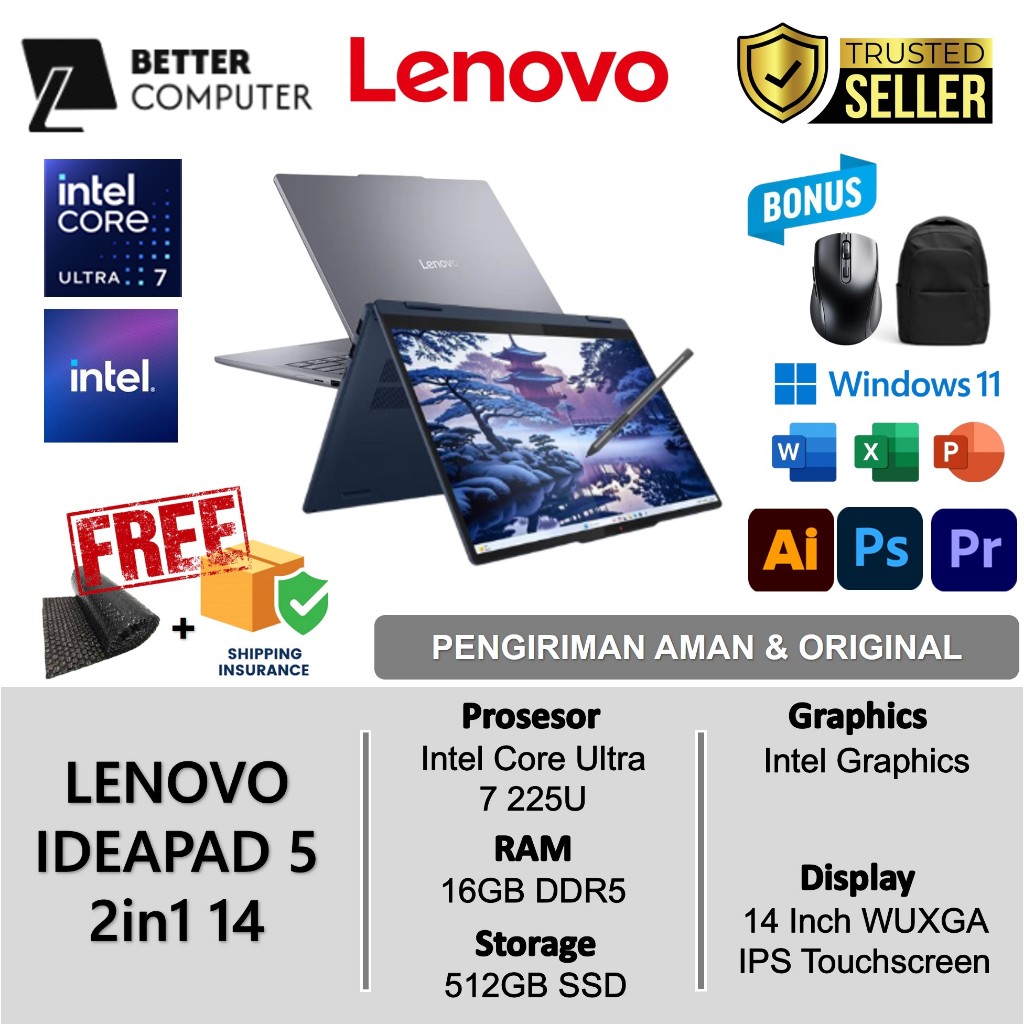 Laptop Lipat Lenovo Ideapad 5 2in1 14 Intel Ultra 7 255U Ram 16GB DDR5 512GB WUXGA Touchscreen Win11