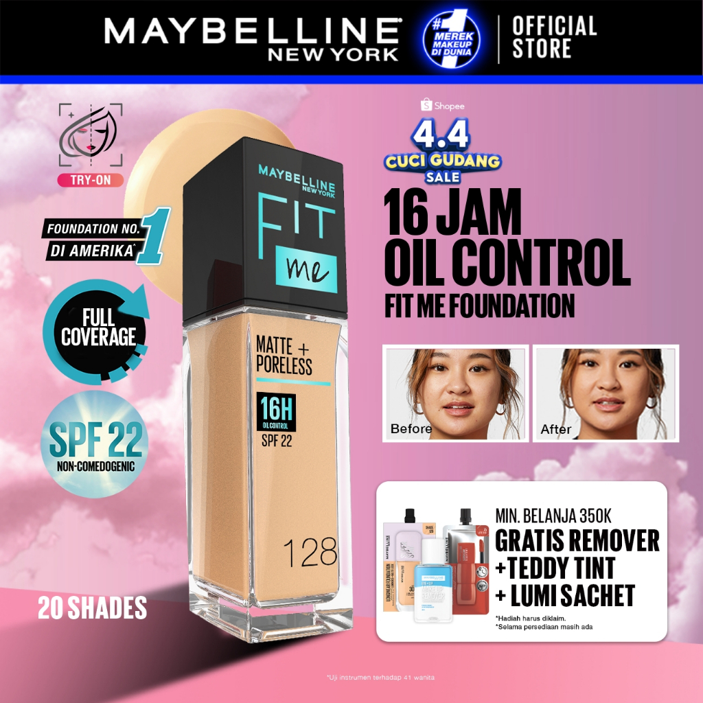 MAYBELLINE OFFICIAL Fit Me Matte + Poreless Liquid Foundation Make Up 30ml SPF 22 Makeup Ringan High
