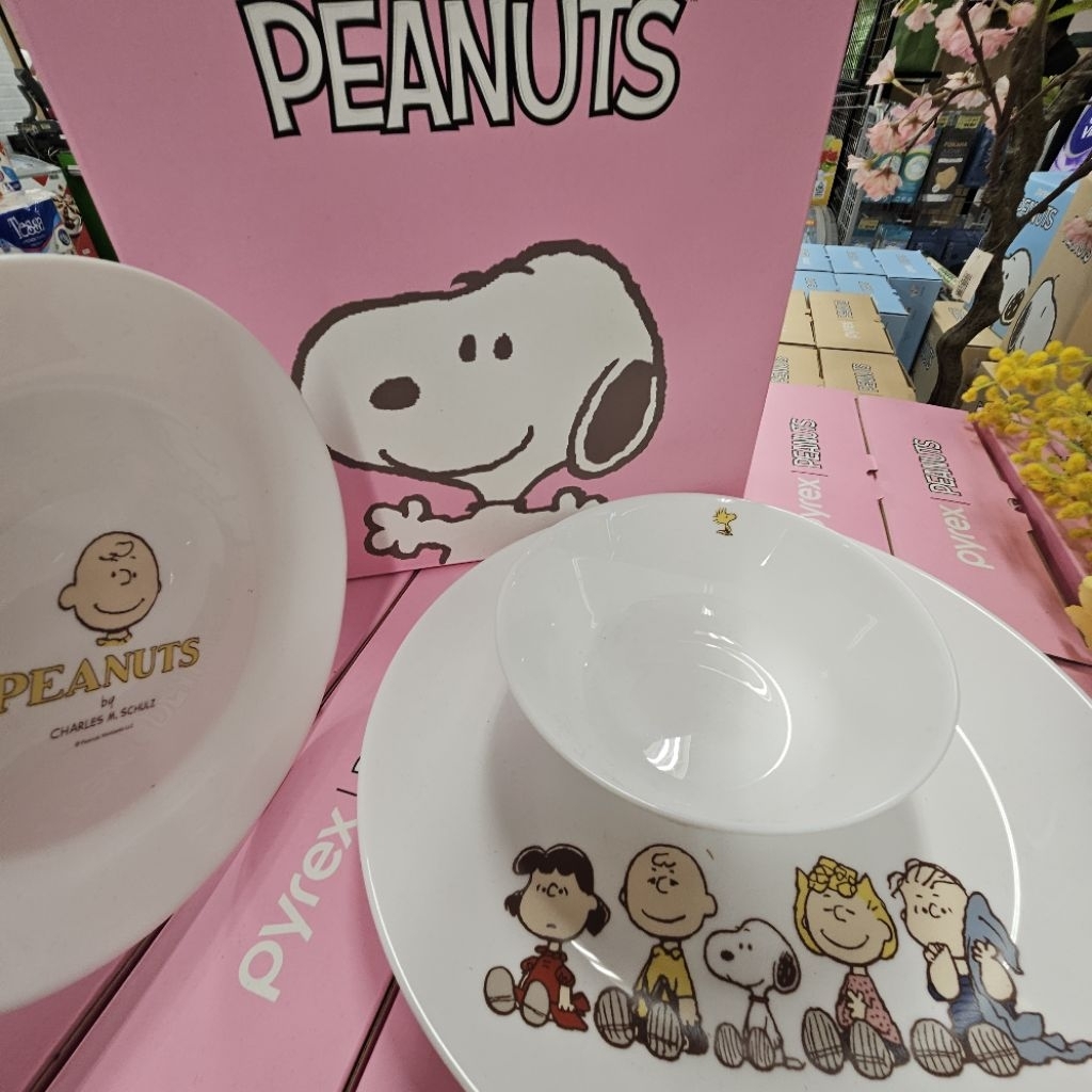 Snoopy Peanuts Pyrex Dinner Set 3 Pcs Pring Mangkuk Makan Milkglass Microwave & Dishwasher Safe Read