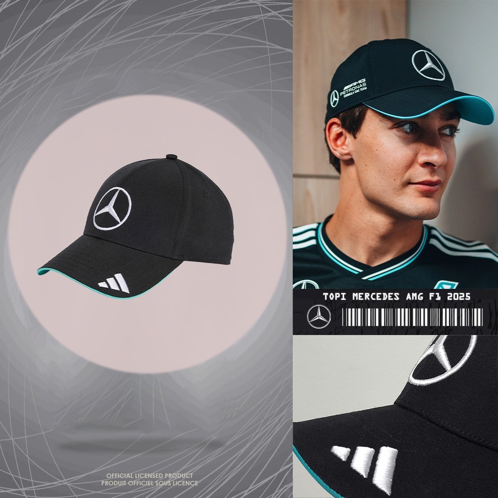 Topi Mercedes AMG F1 2025 Hitam Biru Tosca Logo Mercedes