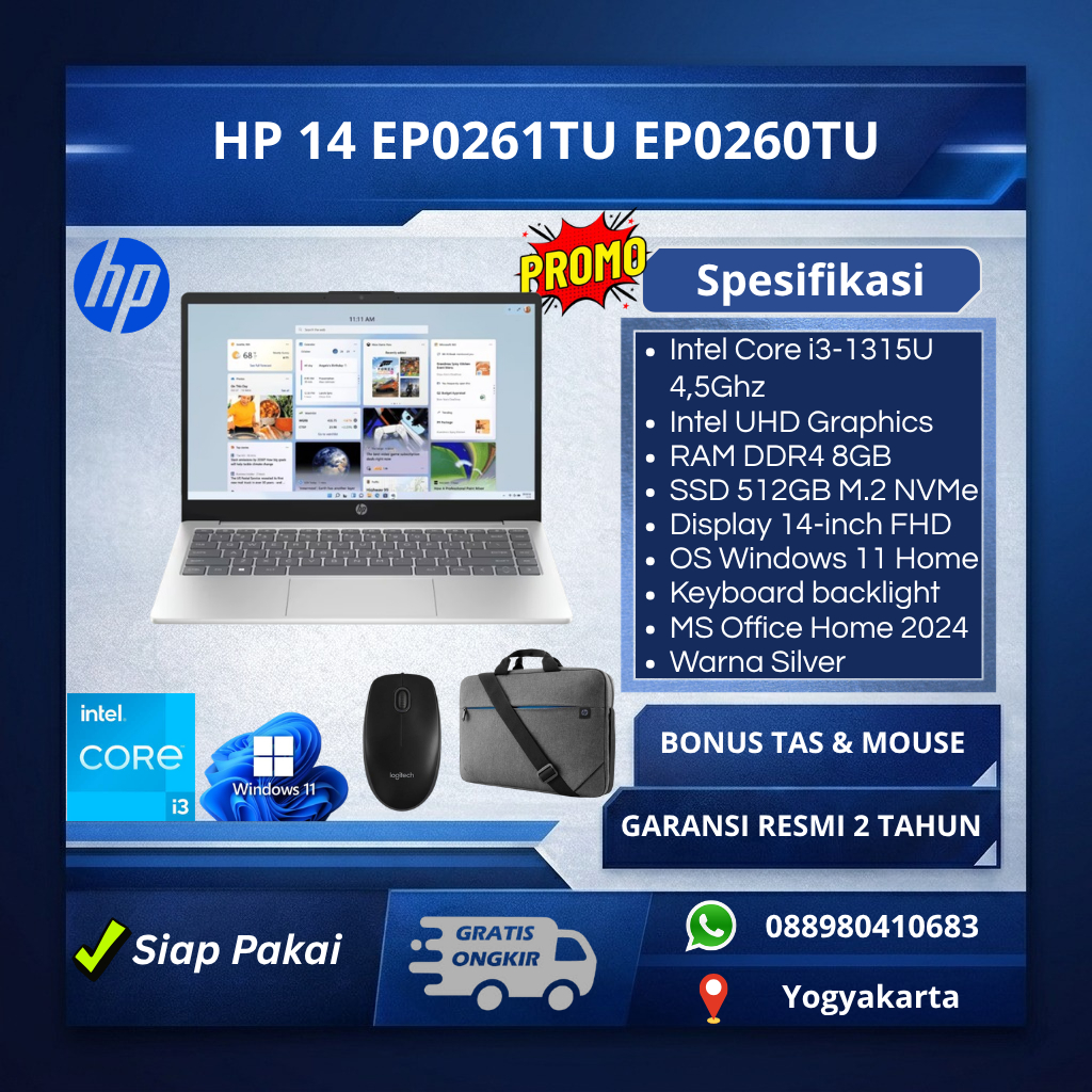 Laptop HP 14 EP0261TU Laptop Intel Core i3-1315U 8GB SSD 512GB W11+OH2024+M365
