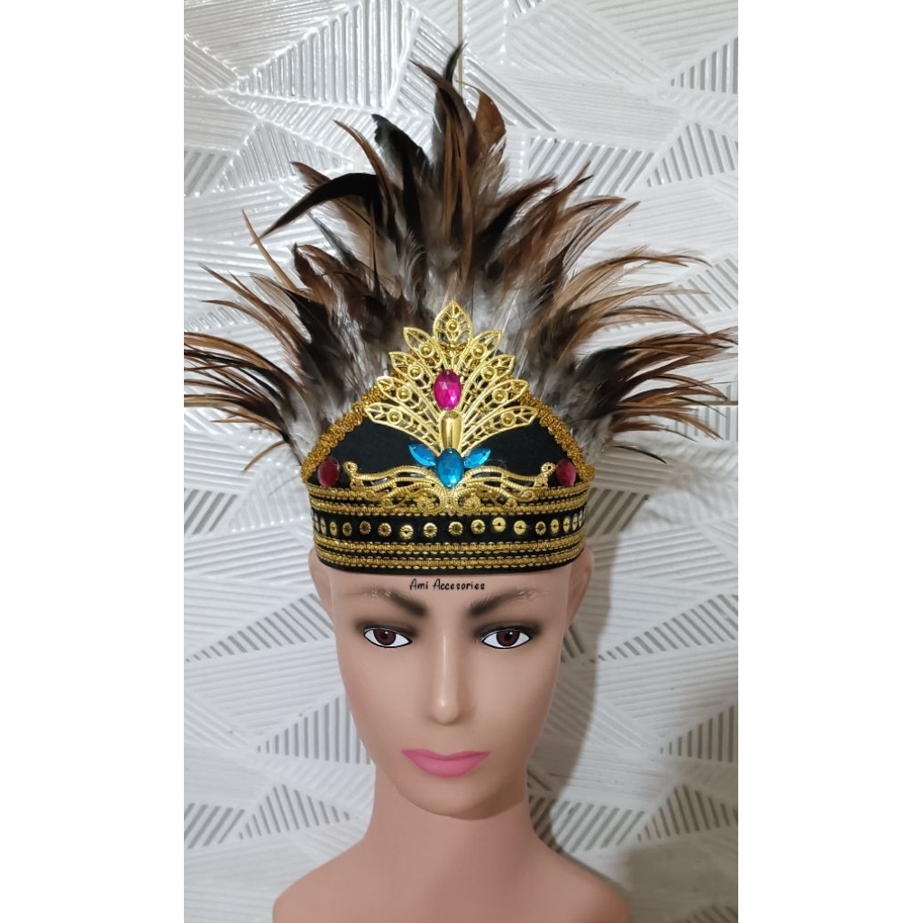 MAHKOTA DAYAK KALIMANTAN BULU DAYAK HIAS PERMATA BIRU COCOK UNTUK BERBAGAI MACAM ACARA