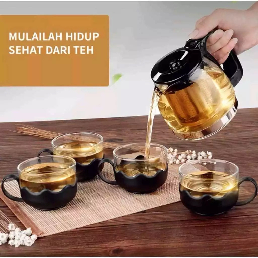 Tea Pot Set 5 in 1 Teko dan gelas kaca (1 teko dan 4 gelas) warna warni bisa pilih warna