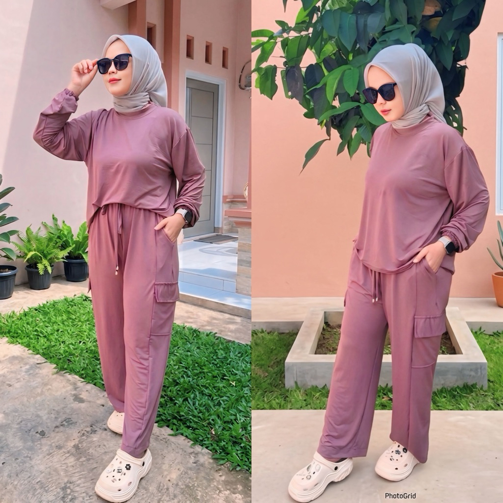 SETELAN CARGO PANTS WANITA KOREAN STYLE OVERSIZE