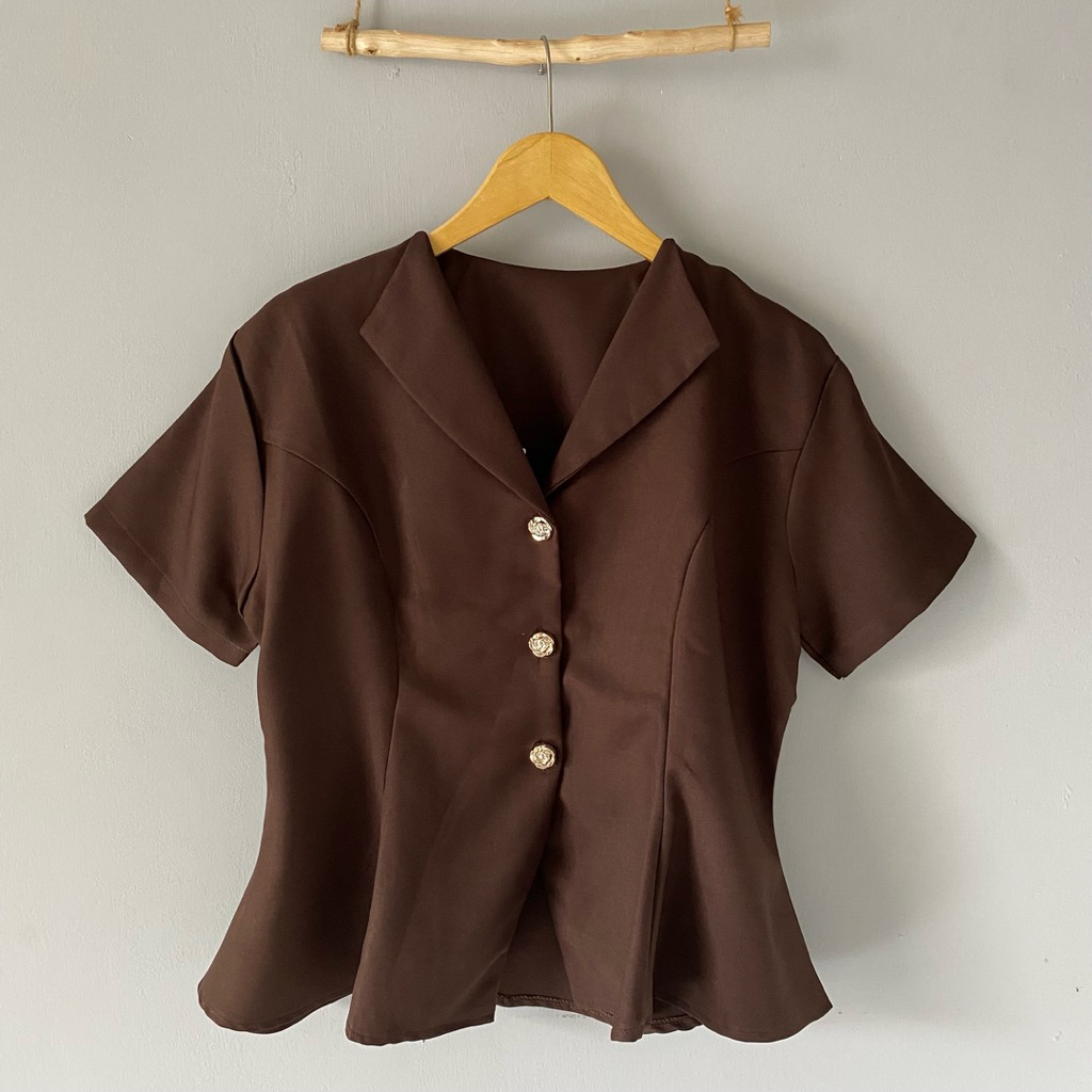 Atasan Wanita Peplum Coklat Tua Kancing Bunga