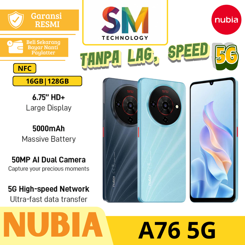 Nubia A76 5G NFC ROM 128GB RAM 16GB (8+8GB) Smartphone Kamera AI 50MP Layar 6.75" 90Hz