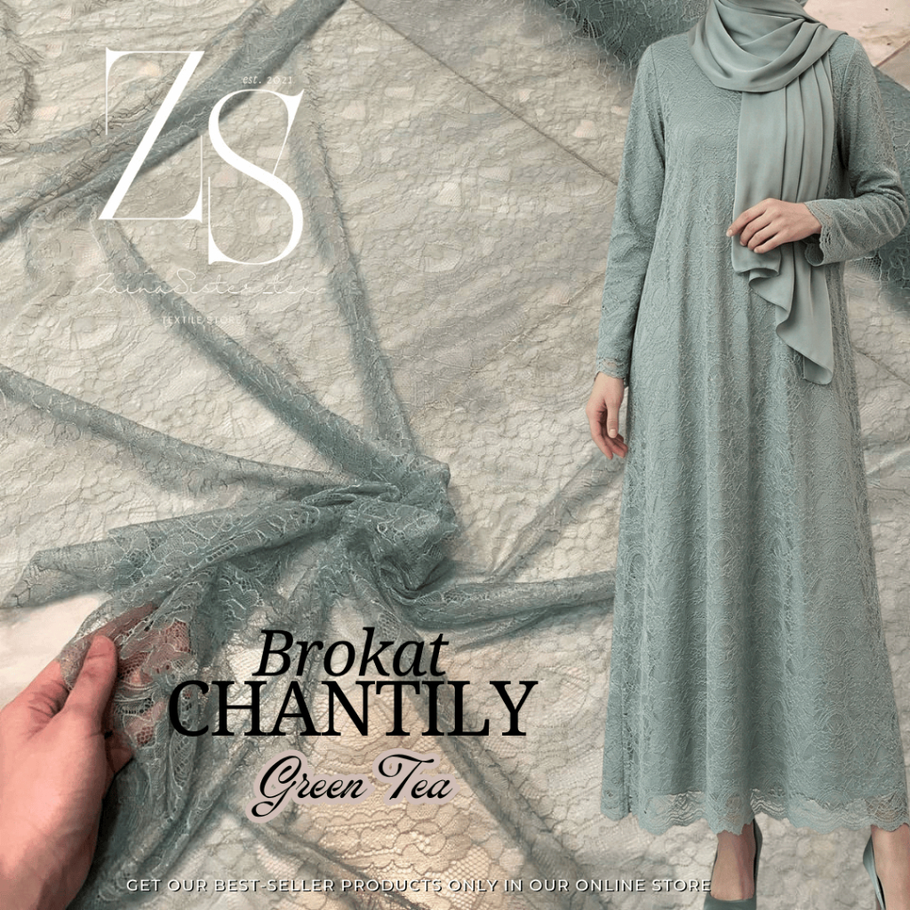 1/2 Meter Bahan Kain Brukat Lace Chantily Semi France Meteran (harga 0,5meter) Warna Hijau Green Tea
