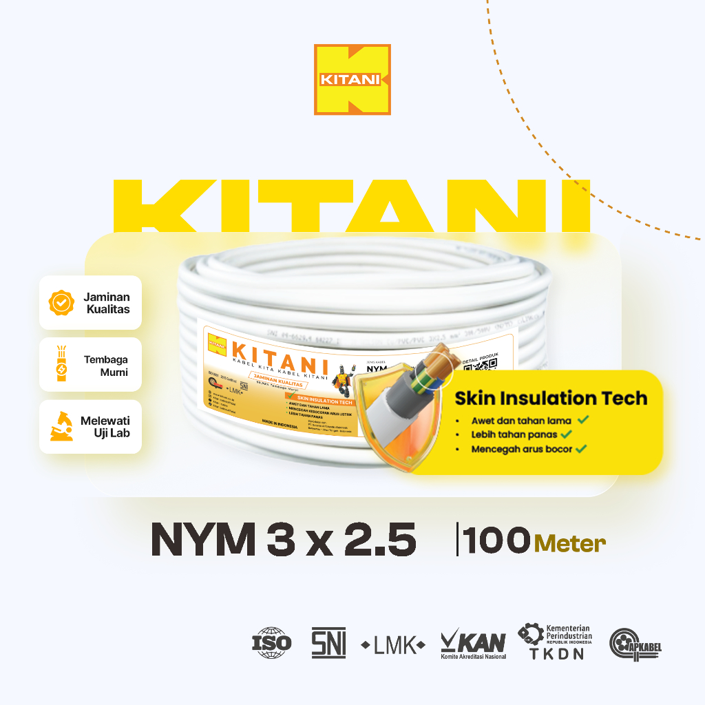 KITANI - NYM 3x2.5 mm² - 100 Meter  -  Kabel Listrik Tembaga Kawat