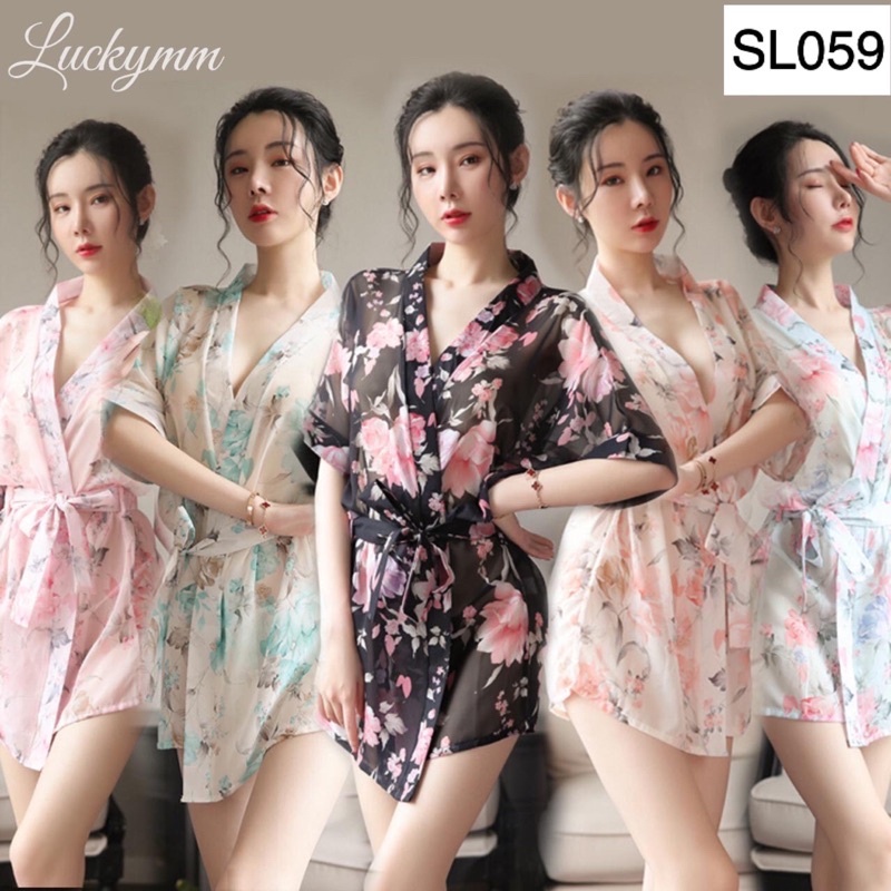 LUCKYMM 059 - Sexy Lingerie Mini Kimono Nilon Transparan Wanita Dewasa / Sleepwear Motif Bunga / Baj